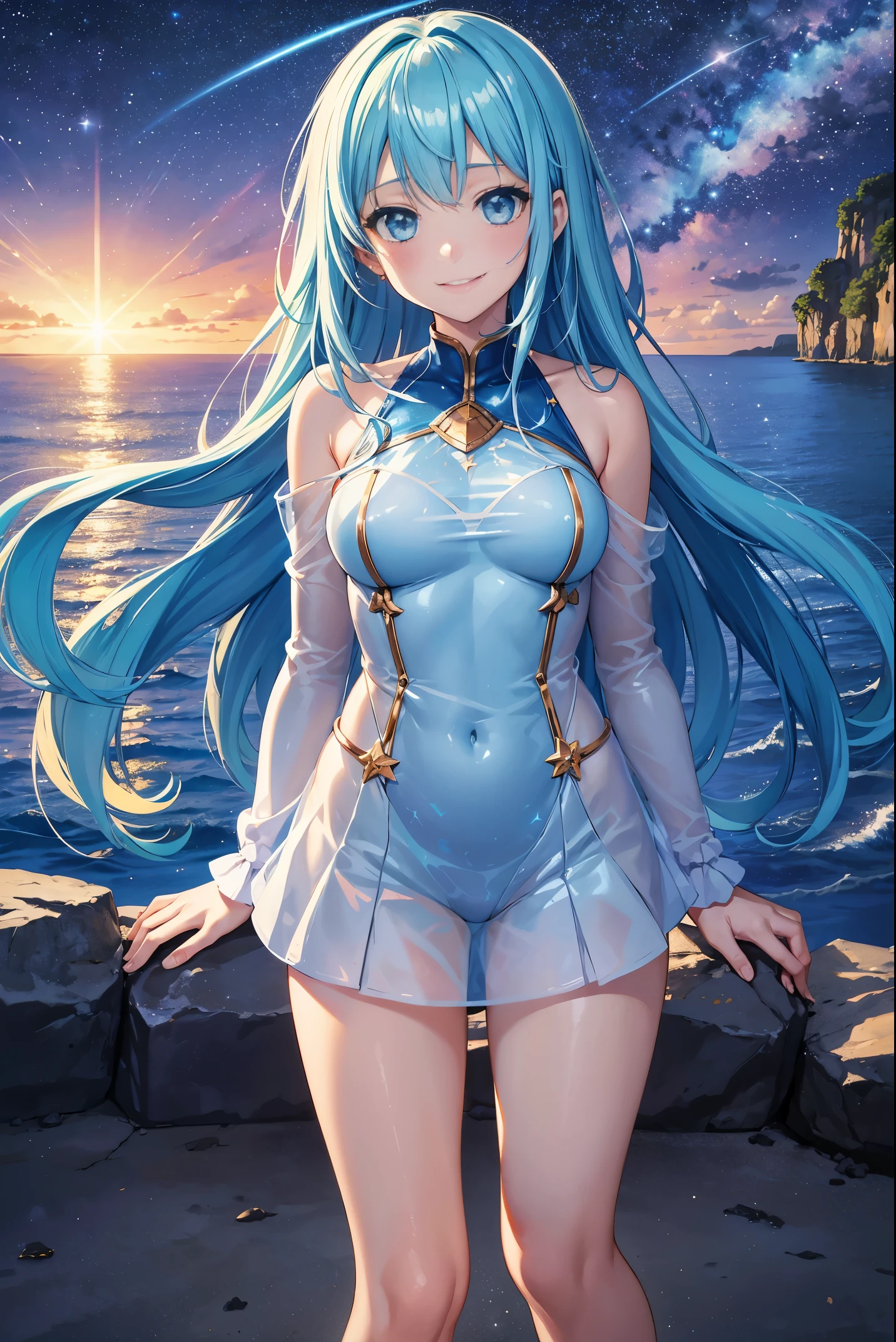 {{{masutepiece}}}, {{best qualtiy, An ultra-fine illustrations, beautifulanddelicatewater}}, {{very delicate light}}, {{Nature, Painting}}, {{Fine Lighting, More transparent stars, Very fine 8K PCG wallpaper}}, (plateau), Sunrise, randomly distributed clouds, cliff, ((Rotating starry sky)), Beautiful girl with long light blue hair with luminous particles、Twin-tailed、adorable smiling、facing front、Super Gloss Metallic Coral Rainbow Transparent Holographic Suit:1.2),