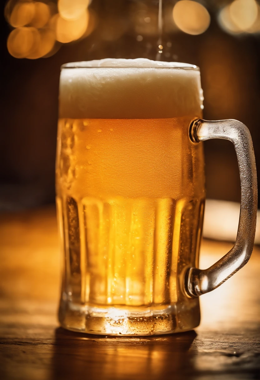 a close-up shot of a beer mug with condensation on the outside, emphasizing the beer’s refreshing and thirst-quenching qualities