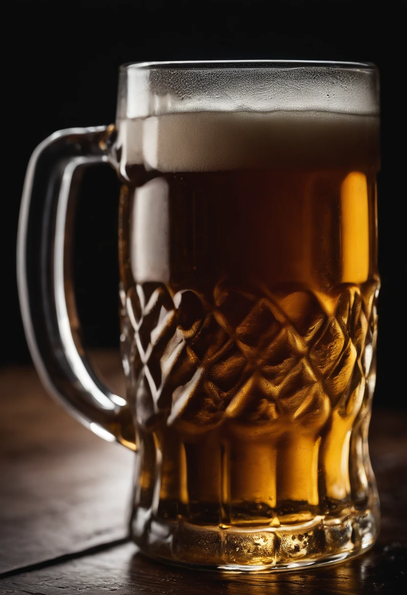 a close-up shot of a beer mug with condensation on the outside, emphasizing the beer’s refreshing and thirst-quenching qualities