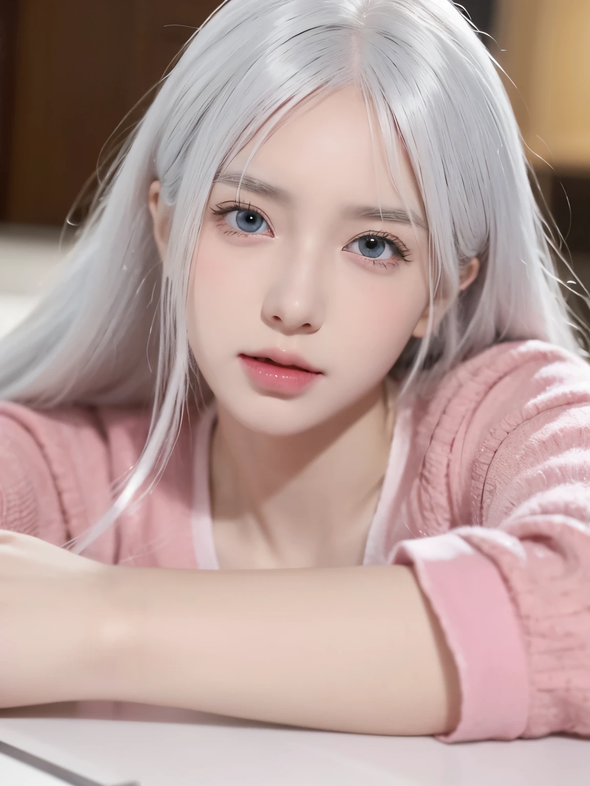 Be a girl with pink skin, pretty eyes (red eyes) as deep as the night sky, Half sad face lying on the table, White hair, looking at you, With anime/Semi-realistic art style