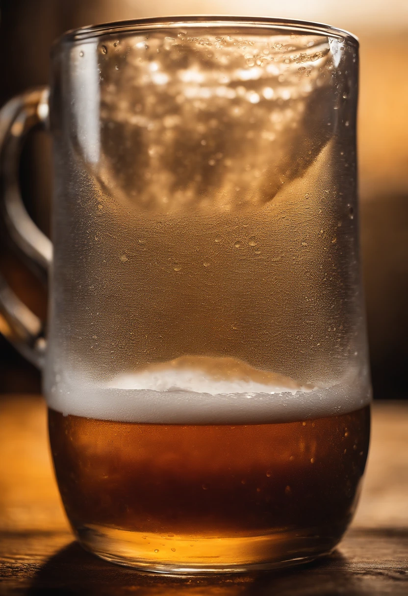 a close-up shot of a beer mug with condensation on the outside, emphasizing the beer’s refreshing and thirst-quenching qualities