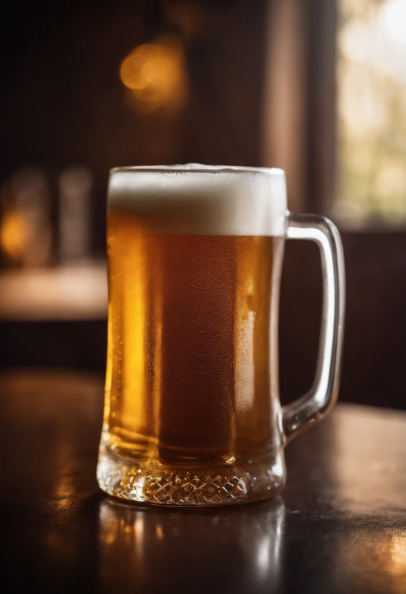 a close-up shot of a beer mug with condensation on the outside, emphasizing the beer’s refreshing and thirst-quenching qualities