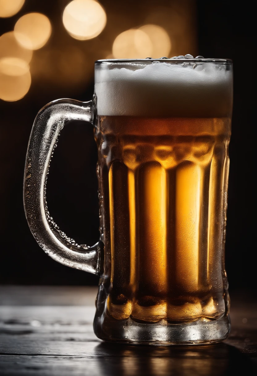 a close-up shot of a beer mug with condensation on the outside, emphasizing the beer’s refreshing and thirst-quenching qualities