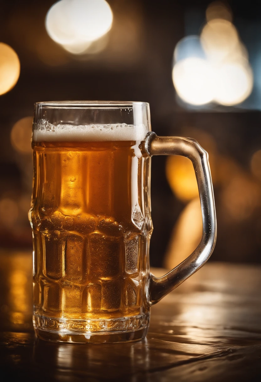 a close-up shot of a beer mug with condensation on the outside, emphasizing the beer’s refreshing and thirst-quenching qualities