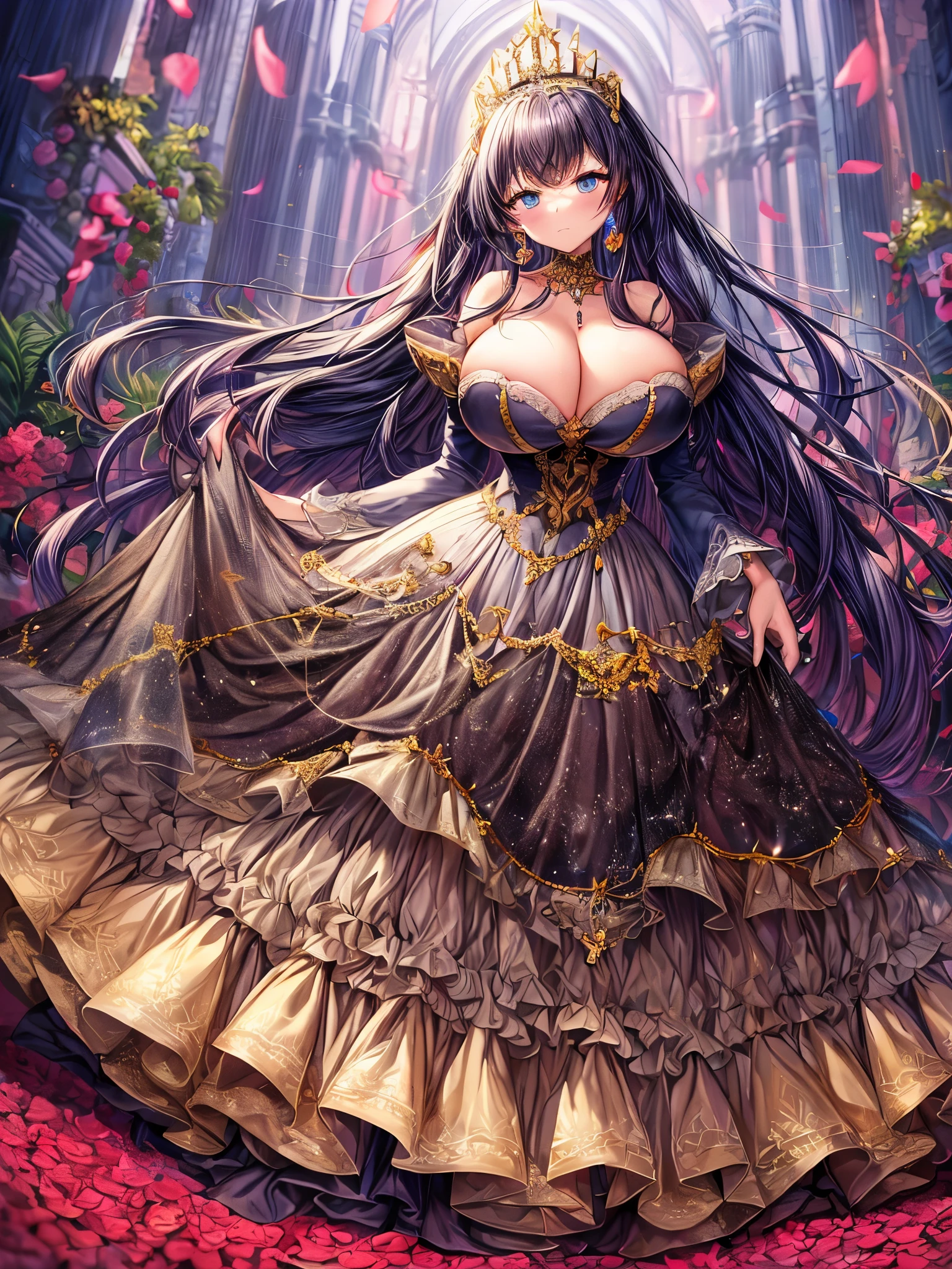 ((anime artstyle)),(Masterpiece),(Best Quality), (Super Detail),((Very Delicate and Beautiful)),(((Solo))),((full body)),(((1 princess in gorgeous princess rococo ball gown with voluminous hoop skirt))),((crinoline)),Long train,((bling-bling)),((beautiful embroidery and jeweled ball gown dress)),(gorgeousfull embroidery and lace),(gorgeous gemstone jewelry),detailed face and eyes,jewel-like eyes,((extremely voluminous straight Hair,Very Long Straight Hair)),(((gigantic boobs,cleavage))),gorgeousfull hair ornament,((gorgeousfull glitter jeweled tiara)),luxury palace,((Dynamic Angle)),Looking at viewer,((gorgeous princess rococo ball gown with voluminous hoop skirt)),full body