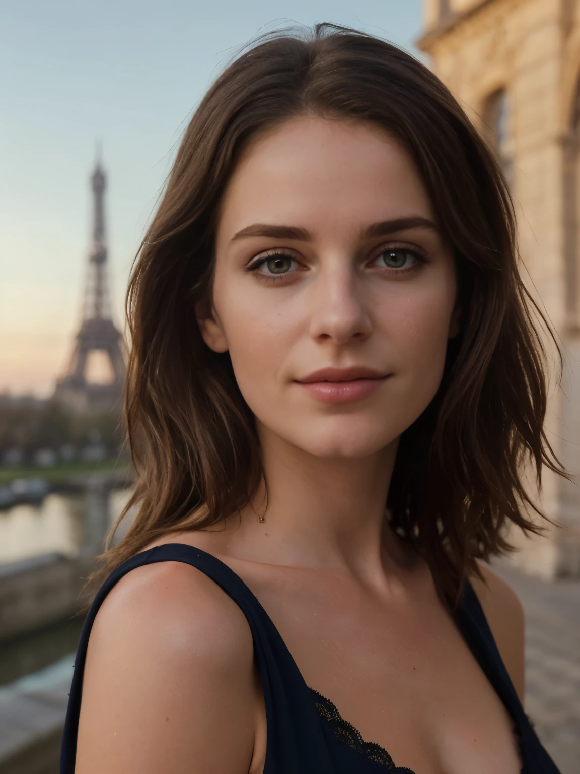 Photographie de 1 superbe fille de 23 ans , Porter is a robe de soirée with a décolleté , cheveux bruns ,en France avec la tour Eiffel , photo portrait, Souriant, looking into camera , Spectacular lighting, magnifique, (clivage profond), photo shoot, occidental, (Masterpiece), Best quality, High resolution, Extremely detailed background, peau avec pores, , cinematic lighting Completed