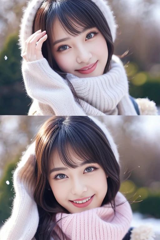 Beautiful woman with good eyes and nose、Beautiful as a model、Cute like a model、Eyes are double、How to use regular mascara、Eye color blue、Hair color pink、Her face is delicate and elegant.、8k picture、Beautiful style like a model、Ordinary large、A refreshing and lovely smile、Snowball fight scene、Contains 2 types of scenes: inside and outside the house、Pose like a model、Overall portrait、Snapshots、Glamaloid Smile、Beautiful and delicate face like a model、Best Quality、masuter piece、Cute smile、 Atmosphere、Elegant beauty、The season is winter、very pretty、beautiful girl、