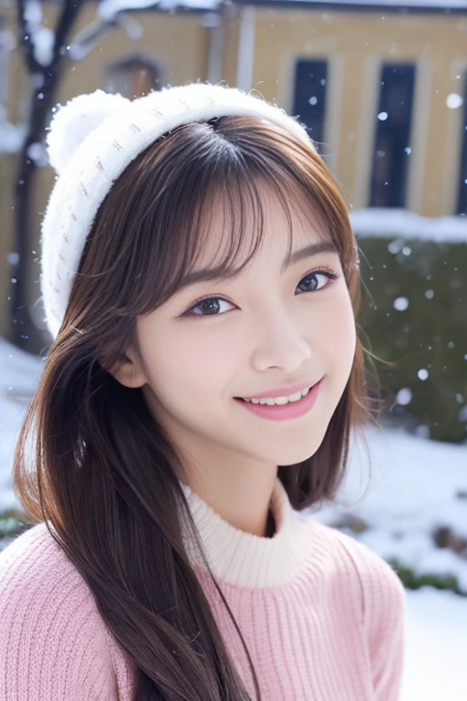 Beautiful woman with good eyes and nose、Beautiful as a model、Cute like a model、Eyes are double、How to use regular mascara、Eye color blue、Hair color pink、Her face is delicate and elegant.、8k picture、Beautiful style like a model、Ordinary large、A refreshing and lovely smile、Snowball fight scene、Contains 2 types of scenes: inside and outside the house、Pose like a model、Overall portrait、Snapshots、Glamaloid Smile、Beautiful and delicate face like a model、Best Quality、masuter piece、Cute smile、 Atmosphere、Elegant beauty、The season is winter、very pretty、beautiful girl、