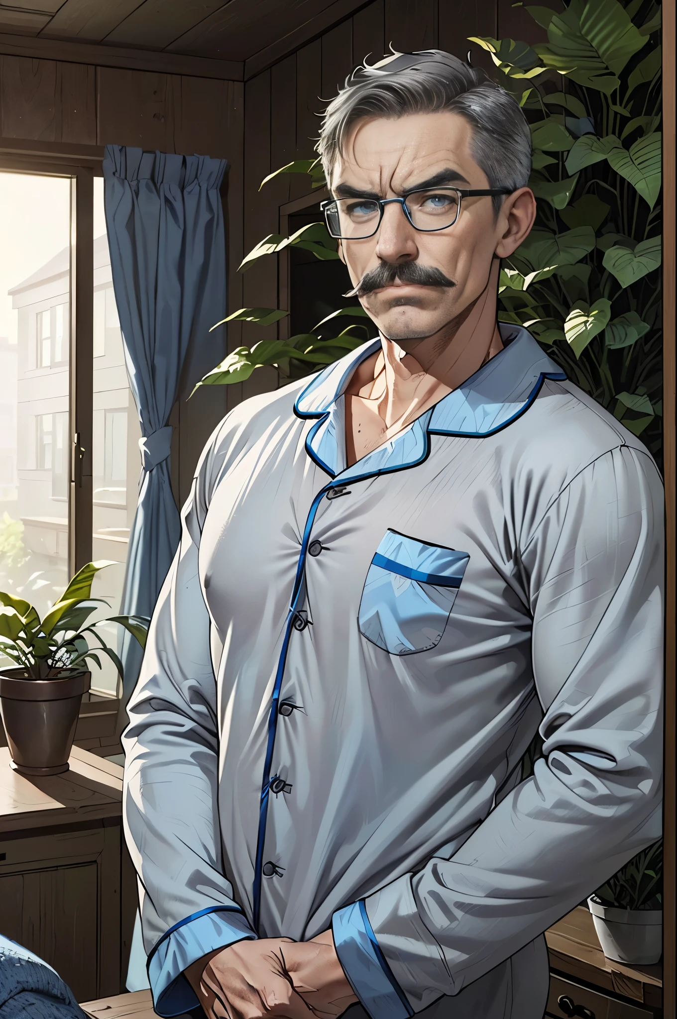 ((masterpiece)), ((best quality)), (ultra-detailed), (40k), mature man, 60 years old, skinny body, (grey short hair), (tiny grey moustache), (glasseig nose, ((blue male pajama with long sleeves)), serious face, (frown), living room, wood furniture, (plants from outside), detailed background, upper body