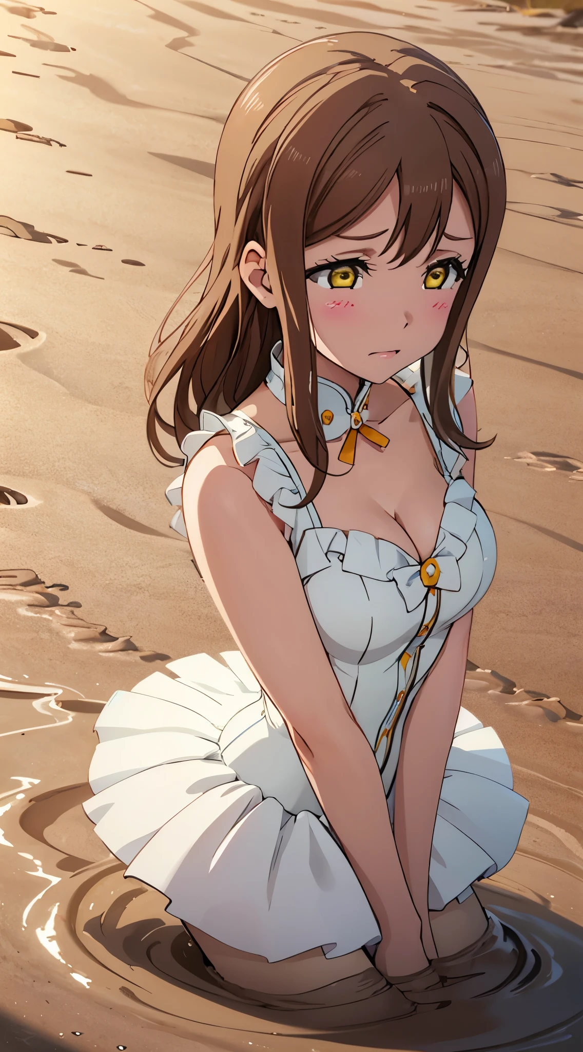 (pixel-perfect, detail-perfect), solo, 1girl, highly detailed, absirdres, masterpiece, illustration, game cg, hanamaru kunikida, glossy lips, blush, beautiful detailed eyes, amber eyes, ballerina, sleeveless leotard, cleavage, tutu, beach, (tears, crying), (quicksand:1.3),