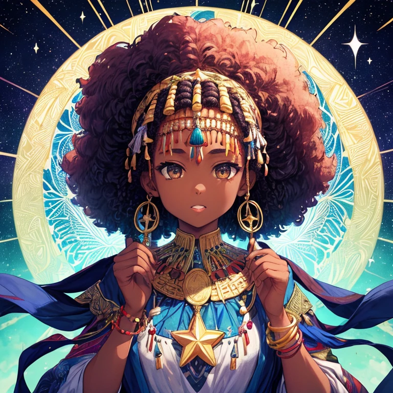(obra prima、qualidade superior、qualidade superior、afrocentrivorous(afro)、Official African American Completion Artwork、beautifully aesthetic:1.2)、(1girl em:1.3)、(Arte Fractal:1.3)、a parte superior do corpo、de lado、olhando para os espectadores、patterns、(Hair colored with rainbow、cabelos coloridos、Tinta africana、nuvem、starly sky、Estrelas、rough kanji、