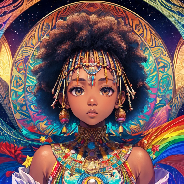 (obra prima、qualidade superior、qualidade superior、afrocentrivorous(afro)、Official African American Completion Artwork、beautifully aesthetic:1.2)、(1girl em:1.3)、(Arte Fractal:1.3)、a parte superior do corpo、de lado、olhando para os espectadores、patterns、(Hair colored with rainbow、cabelos coloridos、Tinta africana、nuvem、starly sky、Estrelas、rough kanji、