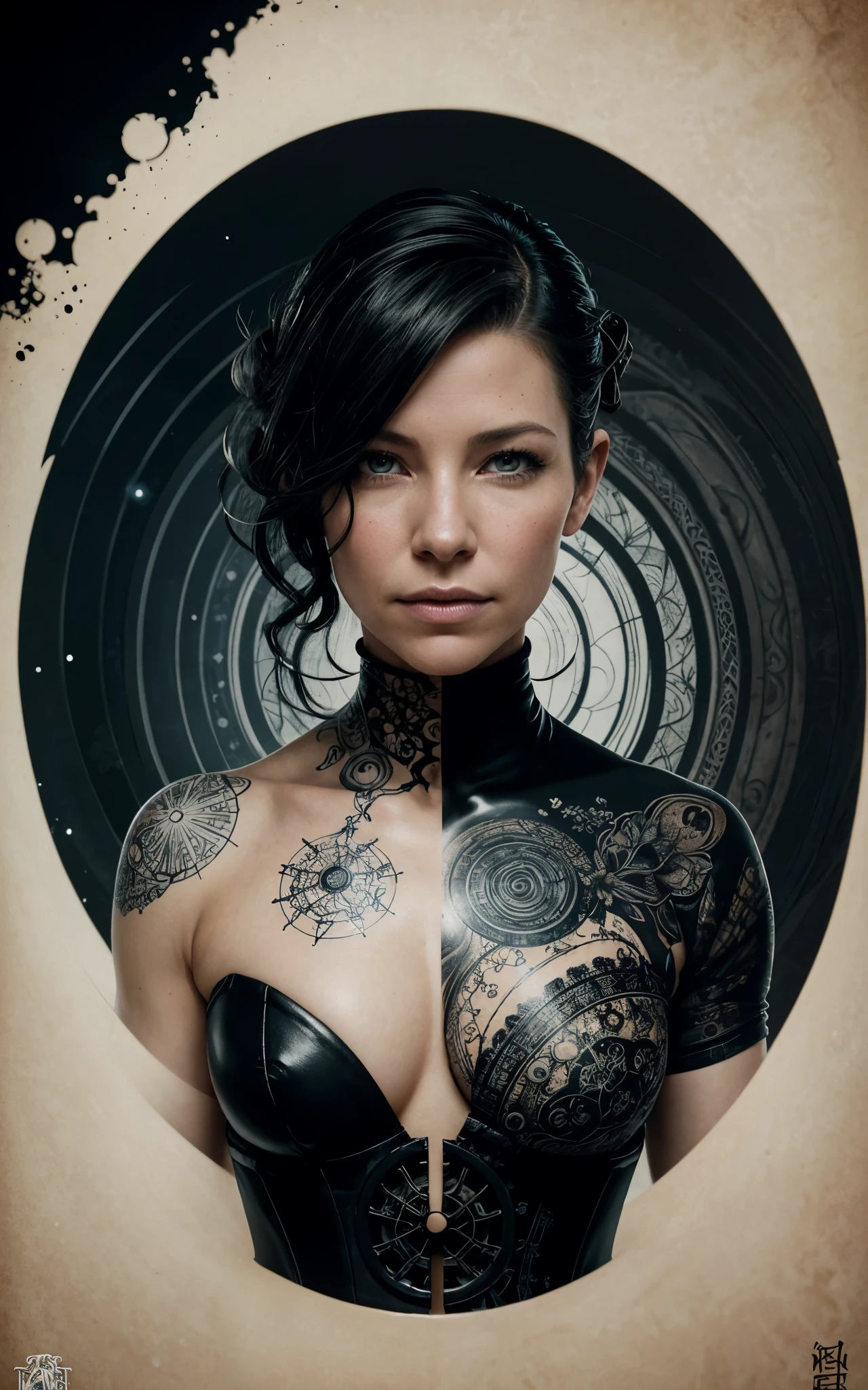 (Evangeline Lilly) is a beautiful charming woman carved out of dark smoke, dressed as a Steampunk girl in black, circular colored smoke, waves of shadows at night, abstract skull ornaments, pixie back fade haircut, soft colors, flat 4d street art in the style of adrian ghenie, esao andrews, jenny saville , edward hopper, surrealism, james jean dark, takato yamamoto, inkpunk minimalism, , detailed symmetrical brown eyes with circular iris, seamless geometric pattern harmony, luminogram, iron gall ink, art by Russ Mills, Sakimichan,, by GIlSam -paio octane rendering depicting innovation and truth, 8k, by Lee Jeffries, depth - Gs studio
