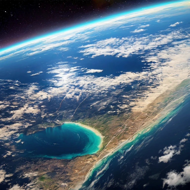 view from space, Estilo anime, Um planeta azul gigante, com 3 luas