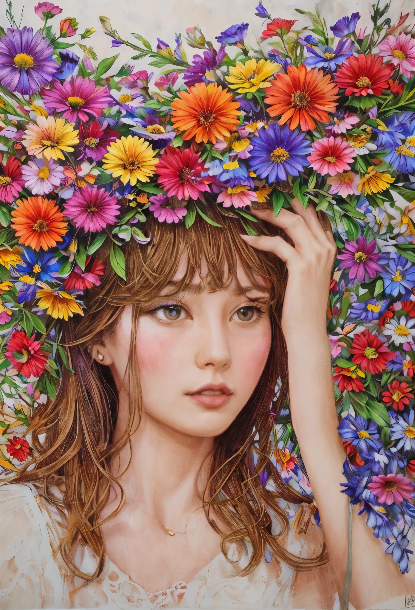 (ultra-detailed background, detailed background), absurdres, highres, ultra detailed, extremly detailed, 1girl, (bunch of flowers:1.3), (zentangle:1.2), (geometric:1.2),(colorful),