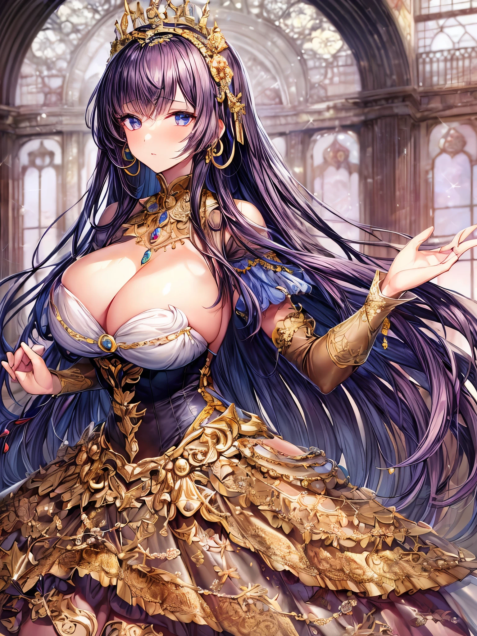 ((anime artstyle)),(Masterpiece),(Best Quality), (Super Detail),((Very Delicate and Beautiful)),(((Solo))),((full body)),(((1 princess in gorgeous princess rococo ball gown with voluminous hoop skirt))),((crinoline)),Long train,((bling-bling)),((beautiful embroidery and jeweled ball gown dress)),(gorgeousfull embroidery and lace),(gorgeous gemstone jewelry),detailed face and eyes,jewel-like eyes,((extremely voluminous straight Hair,Very Long Straight Hair)),(((gigantic boobs,cleavage))),gorgeousfull hair ornament,((gorgeousfull glitter jeweled tiara)),beautiful background,((Dynamic Angle)),Looking at viewer,((gorgeous princess rococo ball gown with voluminous hoop skirt)),full body