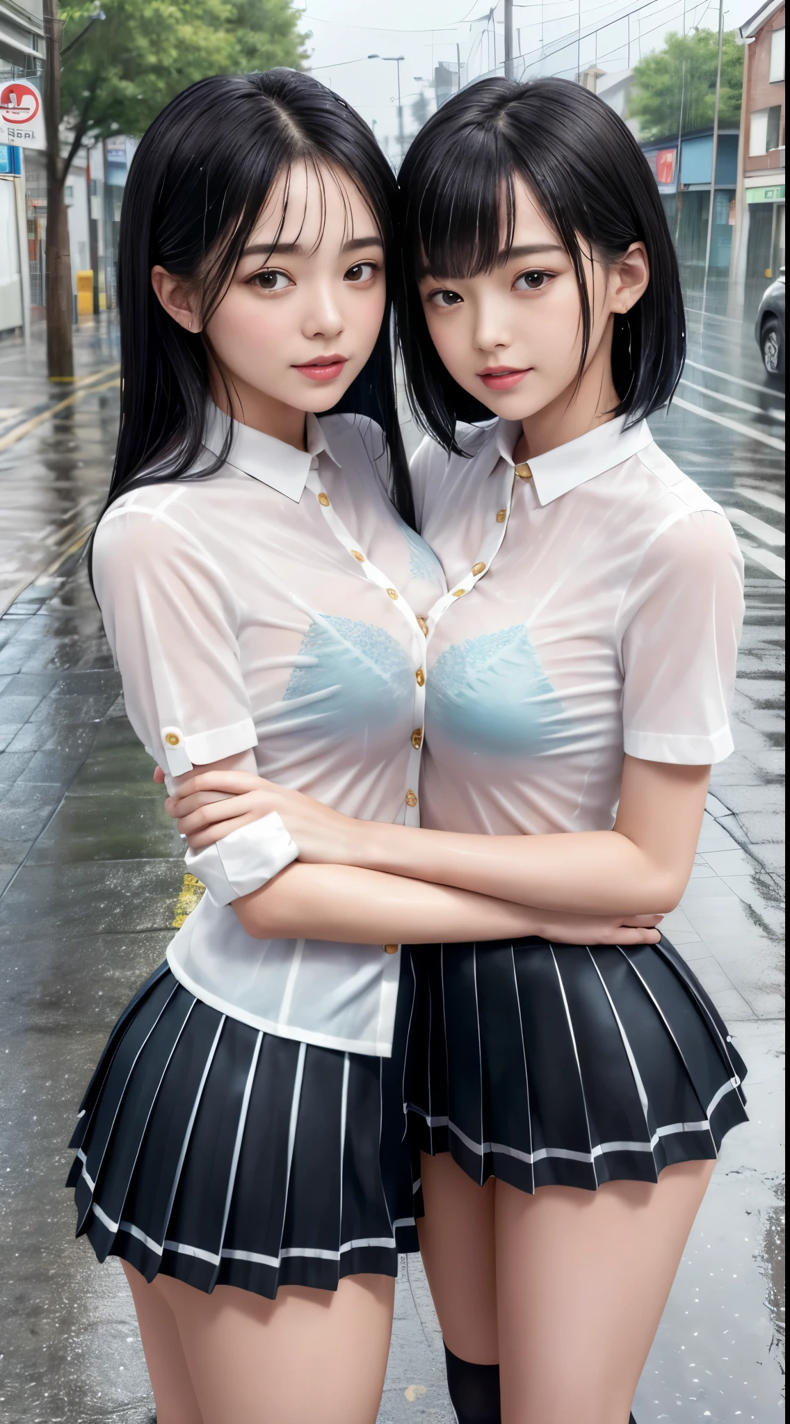 (8K, 超A high resolution, Best Quality, masutepiece:1.2),(18year old:1.2)、(Look away)、8K、RAW portrait of japanese girl、Photorealsitic、超A high resolution、top-quality、 (huge-breasted、Close all buttons on the shirt:1.4)(student clothes、Pure White Cutter Shirt、Check Pleated Mini Skirt:1.35)、(in a street:1.2) BREAK (Natural Skin Texture、Detailed skin、Hyper-Realism、ultra sharpness)、intricate detailes、depth of fields(Put a white shirt inside the skirt:1.3)、Show the armpits、Plaid Pleated Micro Mini Skirt(Black hair long straight、Shiny Leglack stockings:1.3)(Female duo、Two women hugging each other、Two women touching each other's breasts:1.4)(rainy day、rain is falling、Rain-drenched body:1.4)