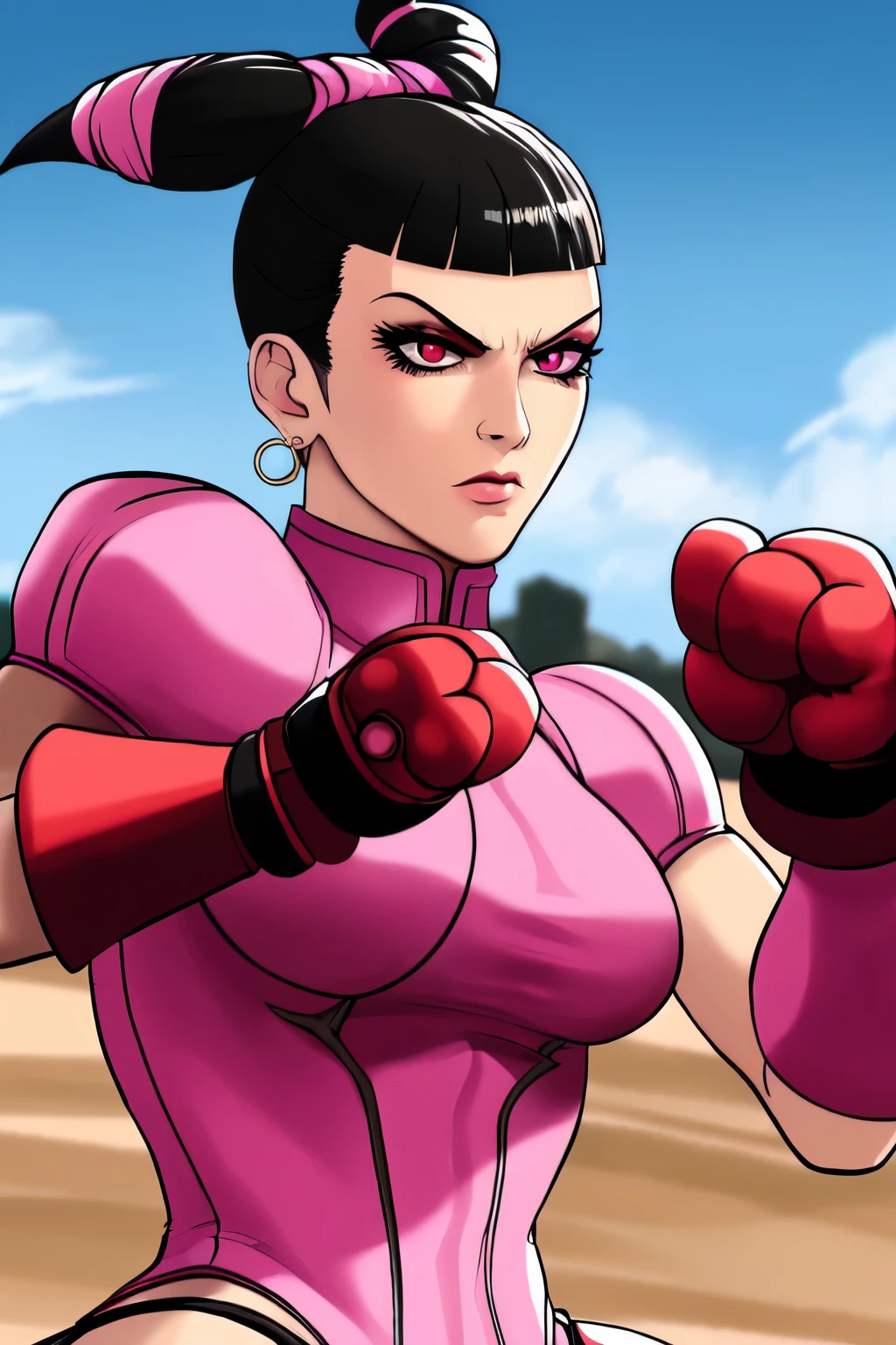 ((best quality)), ((master part)), (circunstanciado), rosto perfeito, juri han de Street Fighter usando armadura cor de rosa, corpo todo, corpo sem exageros, armaduras de Amazonas cor de rosa