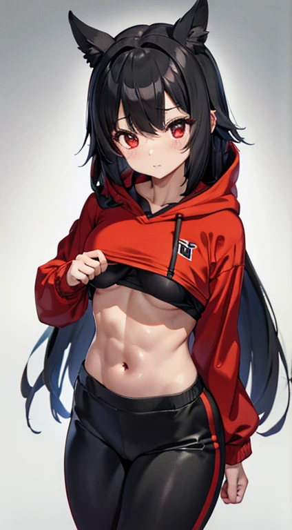 Cute Fit Black Hair Red Eyes Exercise Leggings Red Crop Top Hooded Red Eyes Chibi 1 Girl Only