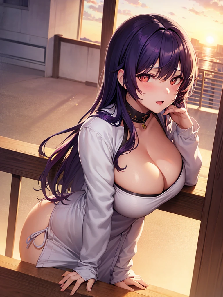 top view, girl,ahegao face, big boobs, cleavage, big hips, messy dark purple hair, orange eyes, balcony, leaning on the railing, sunset