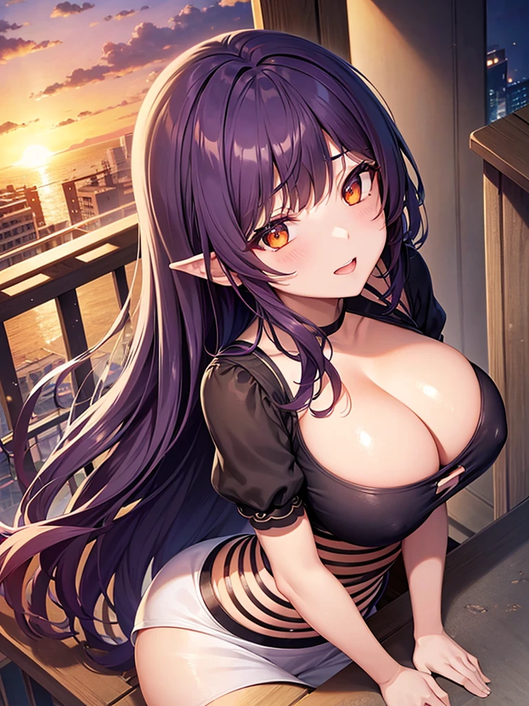 top view, girl,ahegao face, big boobs, cleavage, big hips, messy dark purple hair, orange eyes, balcony, leaning on the railing, sunset