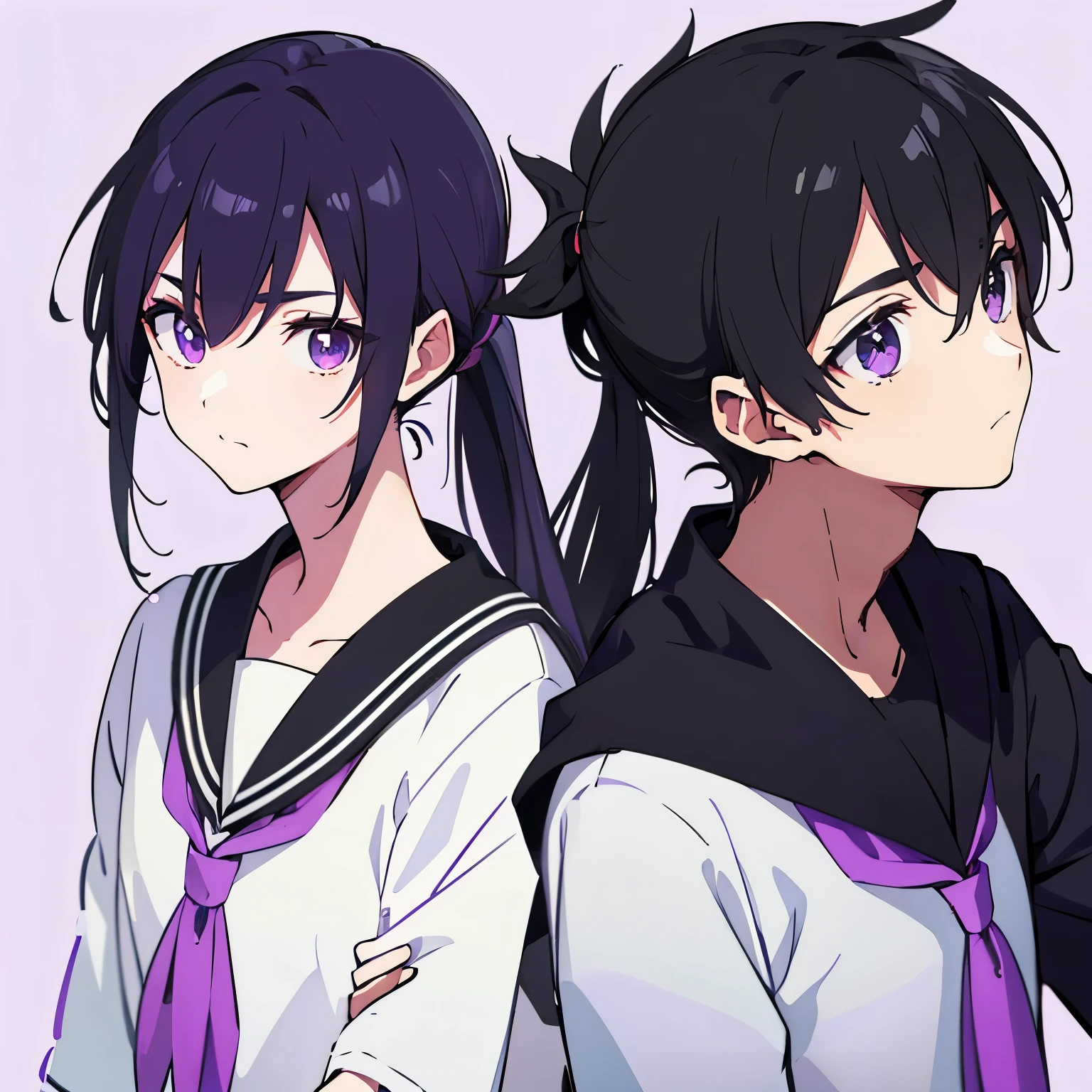 Boy, black hair, ponytail, tight, purple eyes, slanted eyes, sailor suit, side hair