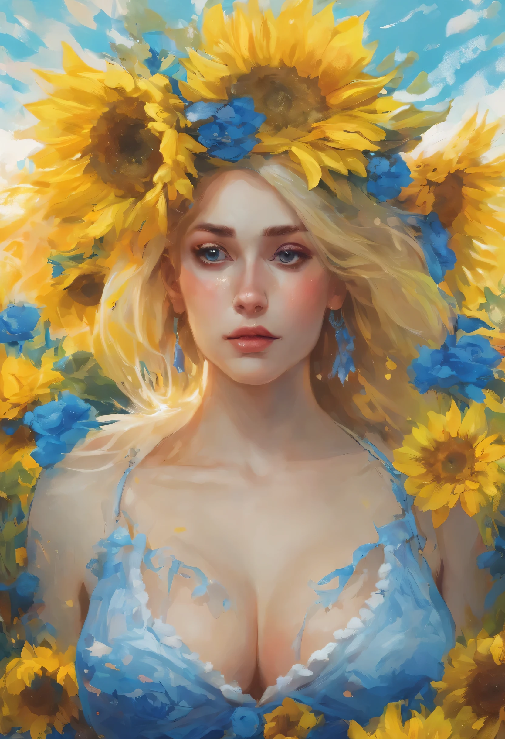 ((top-quality, 8K)), (Realistic), (Face Focus: 1.1), (Yellow,blue: 1.3), ukrainian woman in a dress that is in the water, closeup fantasy with water magic, fine art fashion photography, monia merlo, inspired by irakli nadar, inspired by Franz Xaver Winterhalter, with blooming flowers around her, inspired by Tatiana Hordiienko, jean-sebastien rossbach, karol bak uhd, vynok. ukrainan flower headband, sunflowers, vyshyvanka dress, pom-poms, ukrainian flag, flag, ukrainian, (seductive), (erotic), (huge breasts:1.5),big chest,well-rounded figure, no bra, (open chest) , topless,(open chest)