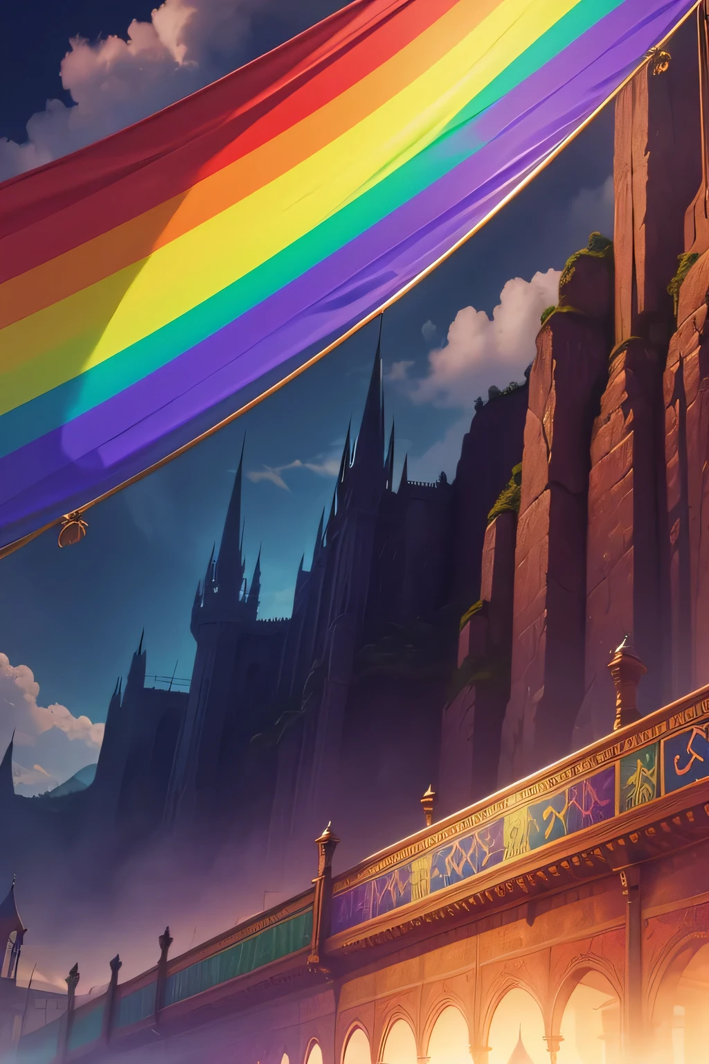 queer fantasy banner,wide banner,fantasy setting background, use of (rainbow colors)