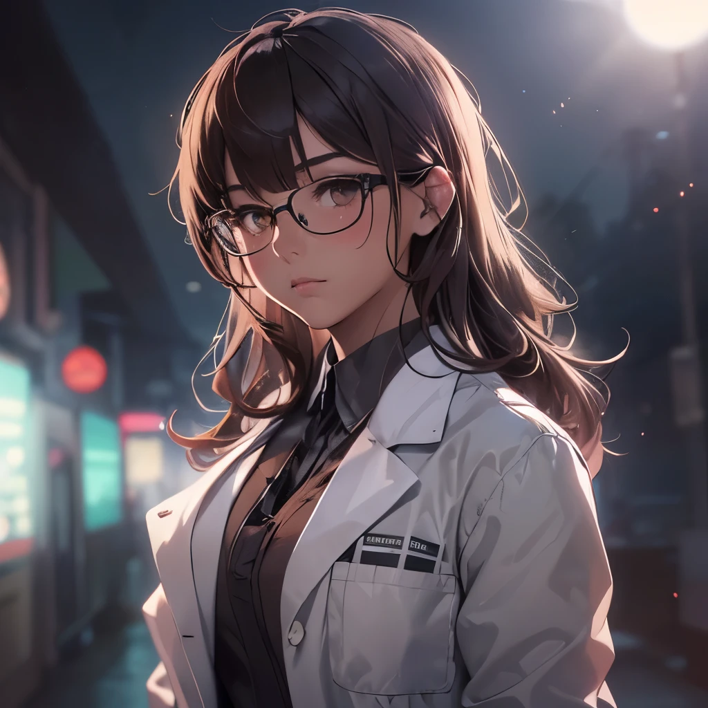 (masterpiece), 8k cg, stunningly beautiful girl, intricate details, chromatic aberration, ((bust shot)), ((looking at viewer)), 1girl, (brown hair, brown eyes, chopped bangs, lab coat, thick glasses), extremely beautiful and delicate portrait, frown, blush, curvy, makeup, absurdres, cinematic lighting, dynamic lighting, fantasy, ((dark background, fog))