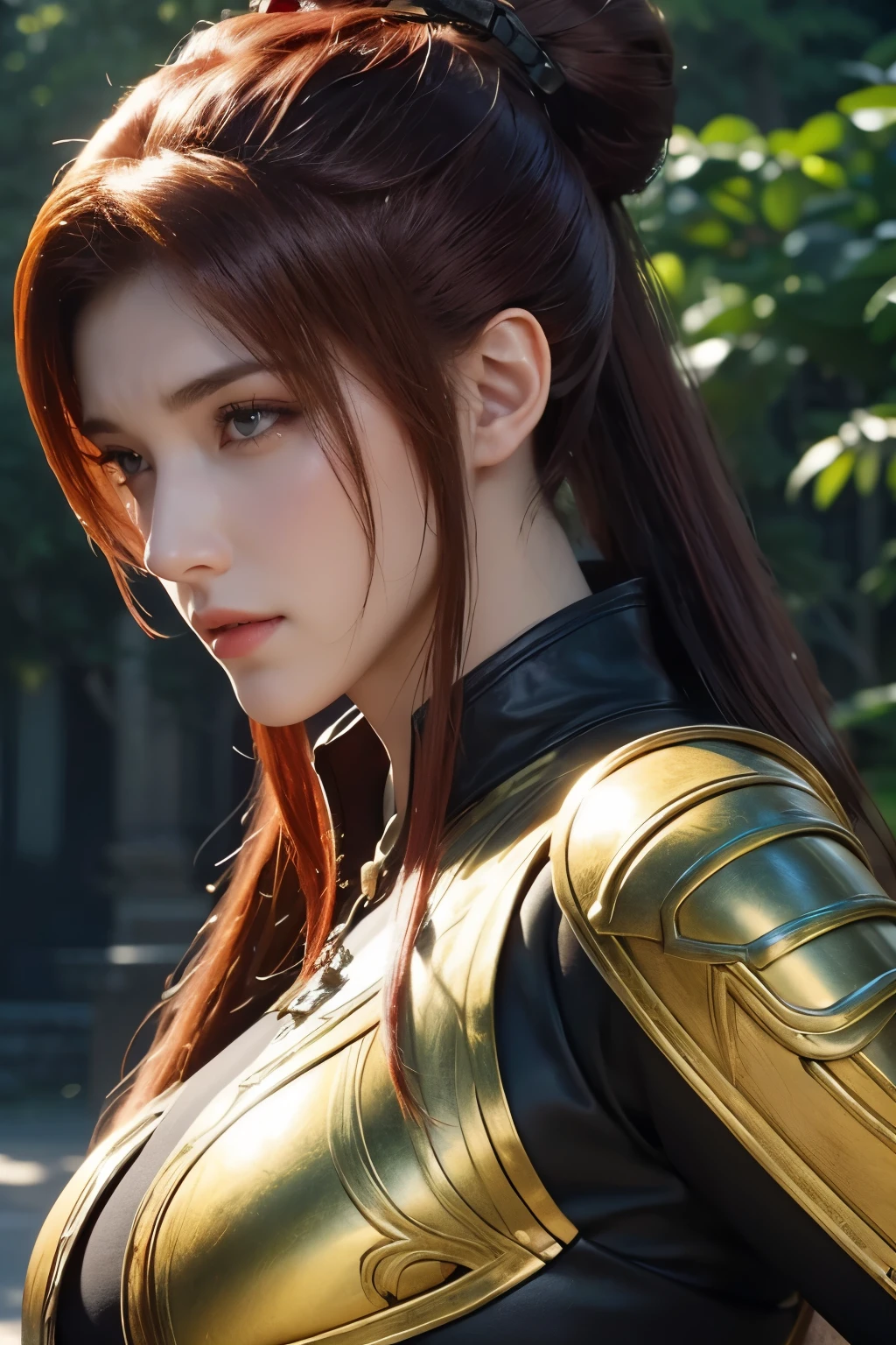 Claire Redfield, (ancient armor:1.2), metal skirt, fluttering hair, long wavy hair, long curl hair, thick thighs, muscle, (upper body from below:1.2), blush, gentle smile, hands on hip, in grassland, sunrise