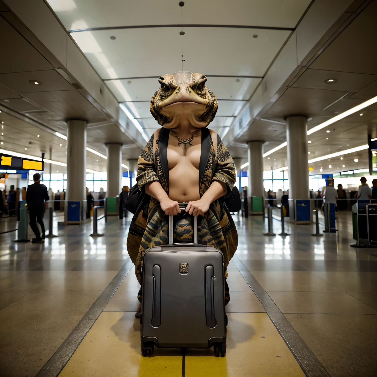 Mutant Turtoise holding a suitcase in an airport, crowded airport, professional master piece