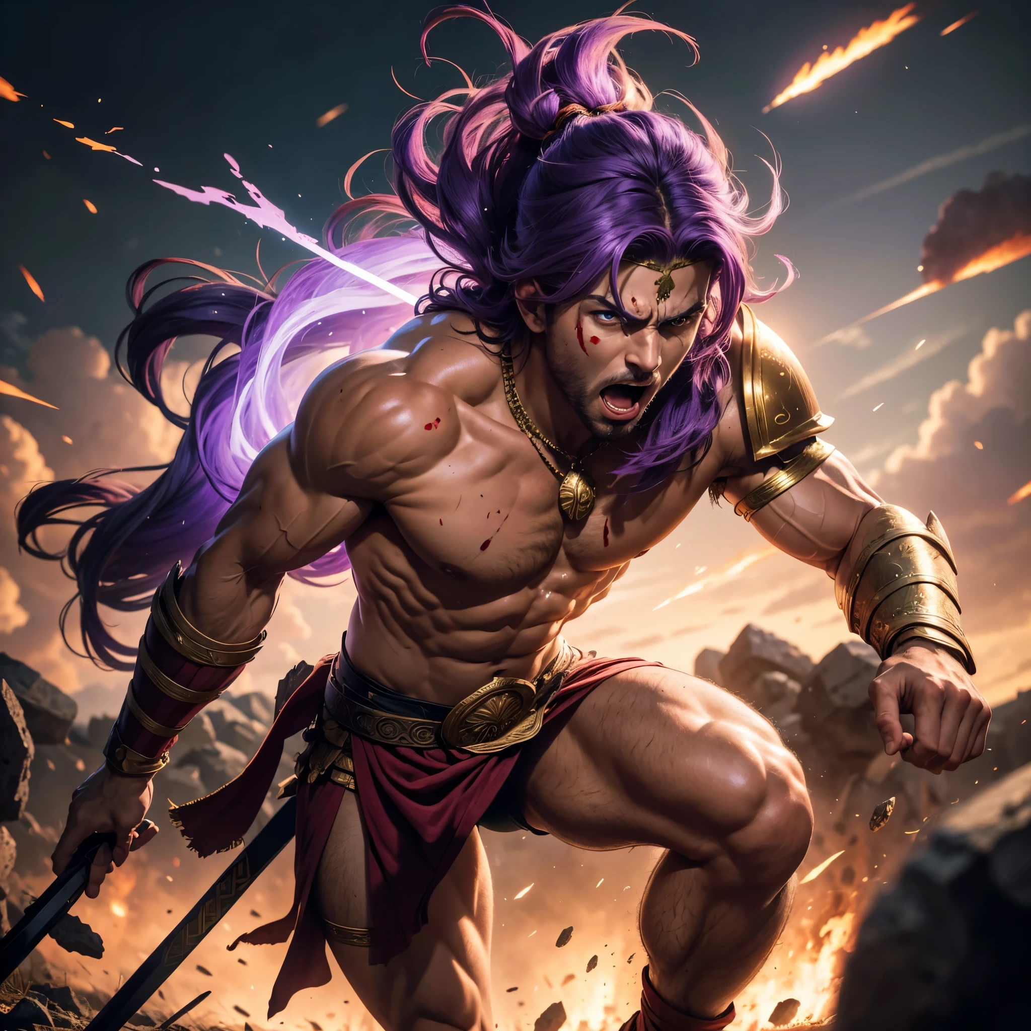 (best quality,4k,8k,highres,masterpiece:1.2),ultra-detailed, 1man, Greek God Ares, Purple hair, red eyes, in a loin cloth, wearing a greek hoplite helmet, on a battlefield, posed in battle, splattered with blood, screaming with rage, drawn in the style of Yoshitaka Amano, HDR, 8k, absurdres, cinestill 800, sharp focus