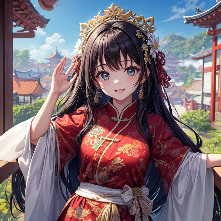 (qualidade superior、em 8K、32k、obra prima、NFFSW、ighly detalhado:1.2)、Tiro lateral、corpo inteiro, Blue open sky、Rosto bonito da cidade chinesa、Backround desfocado、Beleza de 20 anos、pele brilhante、cabelos pretos coloridos、cabelo de coque、olhos azuis、Roupas chinesas、Ornamento de cabelo floral、raise your arms、sorriso miscievous、