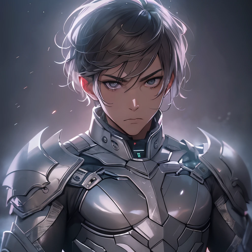 (masterpiece), 8k cg, intricate details, chromatic aberration, ((bust shot)), ((looking at viewer)), 1man (black eyes, short brown hair, silver armor, silver suit, silver surfer), boyish face, handsome face, frown, 20 year old, absurdres, cinematic lighting, dynamic lighting, fantasy, ((dark background, fog))