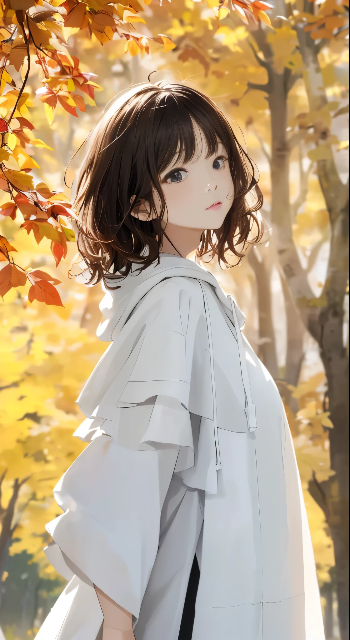 one girls、parfect anatomy、Correct human body、Layered Haircut、short wavy hair、Woman with cute face、Perfect good looks、Natural color poncho style hoodie、Silence、white walls、Autumn trees々々々々々、White world and trees with autumn leaves々々々々々、Simplified background、natural soft light、raw、Photorealsitic、top-quality、Real Stick、hiquality、high-level image quality、Random Poses
