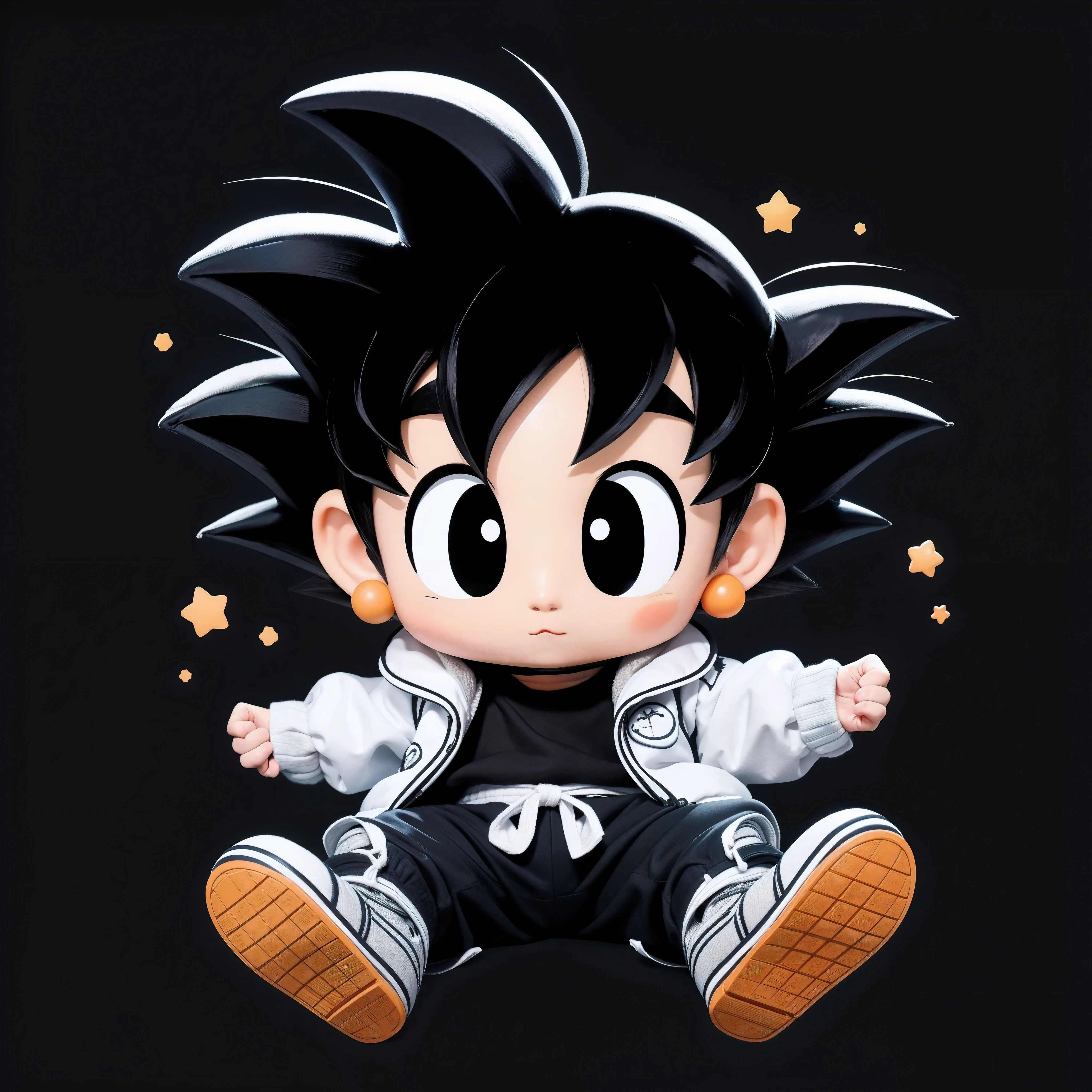 Real life adaptation of this character, his name is son goku from the anime Dargon ball, little Goku, wearing a white jacket, black pants (cute work) with a black background.realistic, realistic clothes with a white jacket,background (photorealistic: 1.2),
