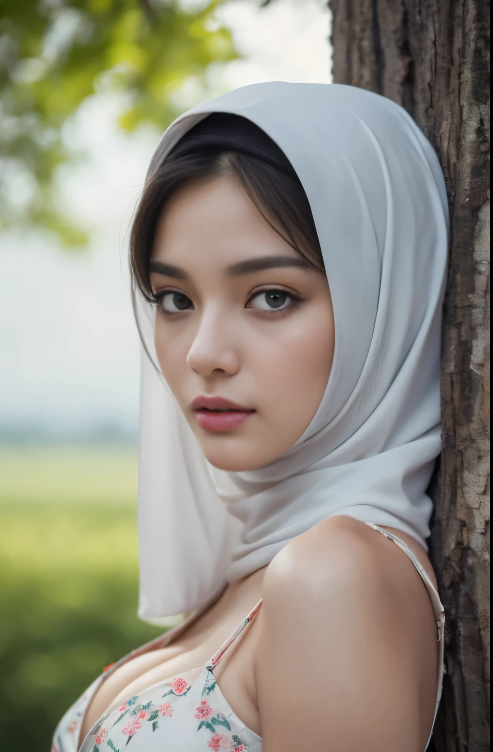(Close-up of the painting style,Ultra HD 8K,Masterpiece grade CG wallpaper),Cinematic lighting,cute girly,Delicate and beautiful face,Dreamy pupils,Wearing a small floral short summerdresound waist,hijabi,Bust poem,Sit,Cloudy background,the trees,florals,夏天,Chinese style buildings, cleavage, magical