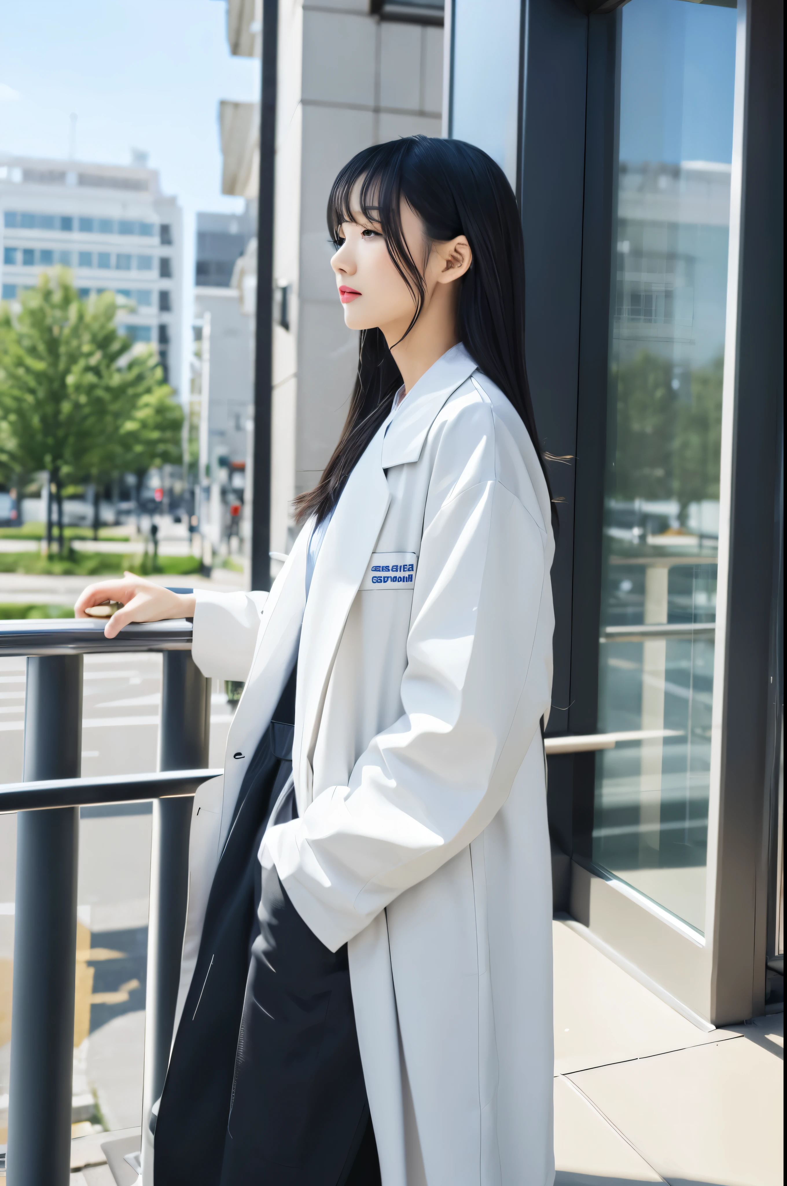 (masutepiece), Best Quality, Ultra-detailed, Illustration, Real Taste, Beautie, Golden Ratio Face, High proportion of landscapes, just a few people, Place people on the right side of the screen, boyish face, skin whitening, Cool, a Cool, Model body type, Thin, hands in the pocket, profile,1girl in, Solo, Grey Hair, Black hair, Longhaire, Gray eyes, Lashes long, beautidful eyes, researcher, chemist, labcoat, Manteau blanc, Manteau blancの内側はフード付きの服, Cityscape seen from the laboratory window