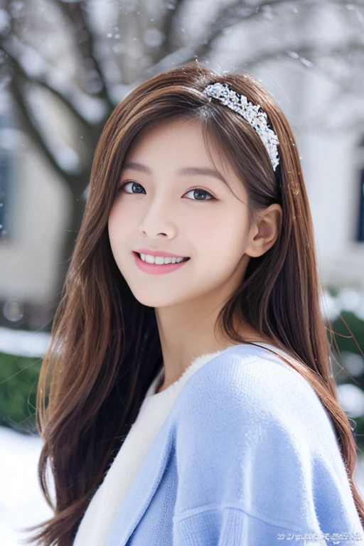 Beautiful woman with good eyes and nose、Beautiful as a model、Cute like a model、Eyes are double、How to use regular mascara、Eye color blue、Hair color pink、Her face is delicate and elegant.、8k picture、Beautiful style like a model、Ordinary large、A refreshing and lovely smile、Snowball fight scene、Contains 2 types of scenes: inside and outside the house、Pose like a model、Overall portrait、Snapshots、Glamaloid Smile、Beautiful and delicate face like a model、Best Quality、masuter piece、Cute smile、 Elegant beauty、The season is winter、