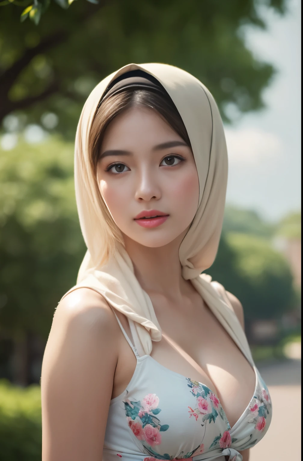 Nude , Porn, (Close-up of the painting style,Ultra HD 8K,Masterpiece grade CG wallpaper),Cinematic lighting,cute girly,Delicate and beautiful face,Dreamy pupil , round waist,javanese hijabi,Bust poem,Sit,Cloudy background,the trees,florals, magical, church