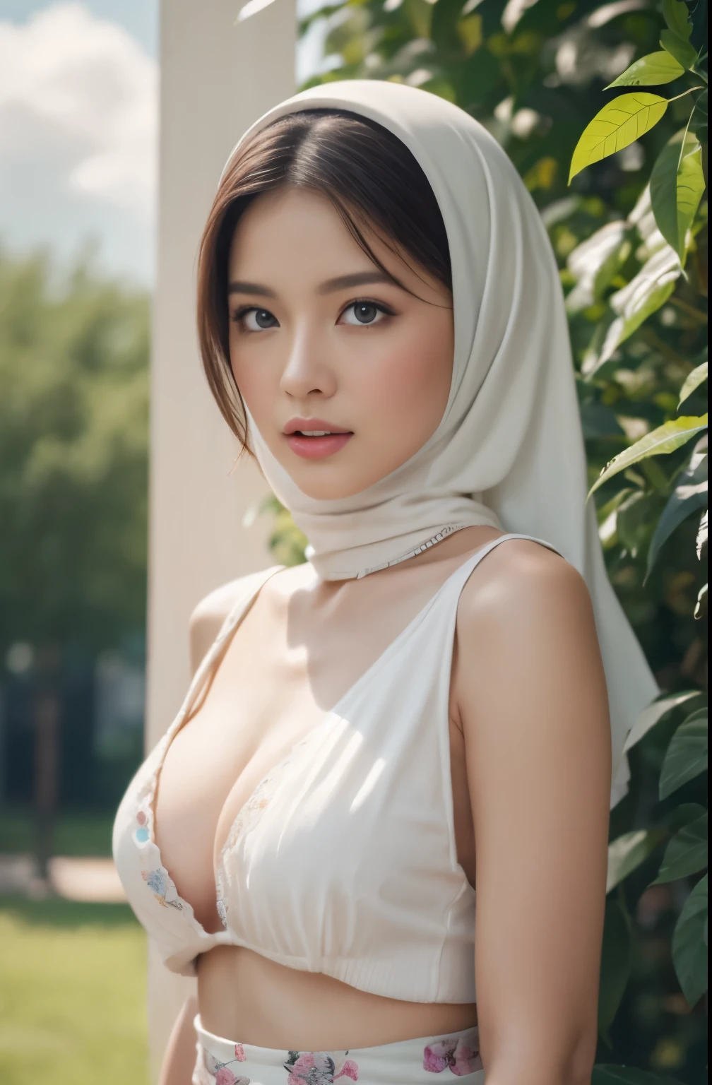 (Close-up of the painting style,Ultra HD 8K,Masterpiece grade CG wallpaper),Cinematic lighting,cute girly,Delicate and beautiful face,Dreamy pupils,Wearing a small floral short summerdresound waist,hijabi,Bust poem,Sit,Cloudy background,the trees,florals,夏天,Chinese style buildings, cleavage, magical