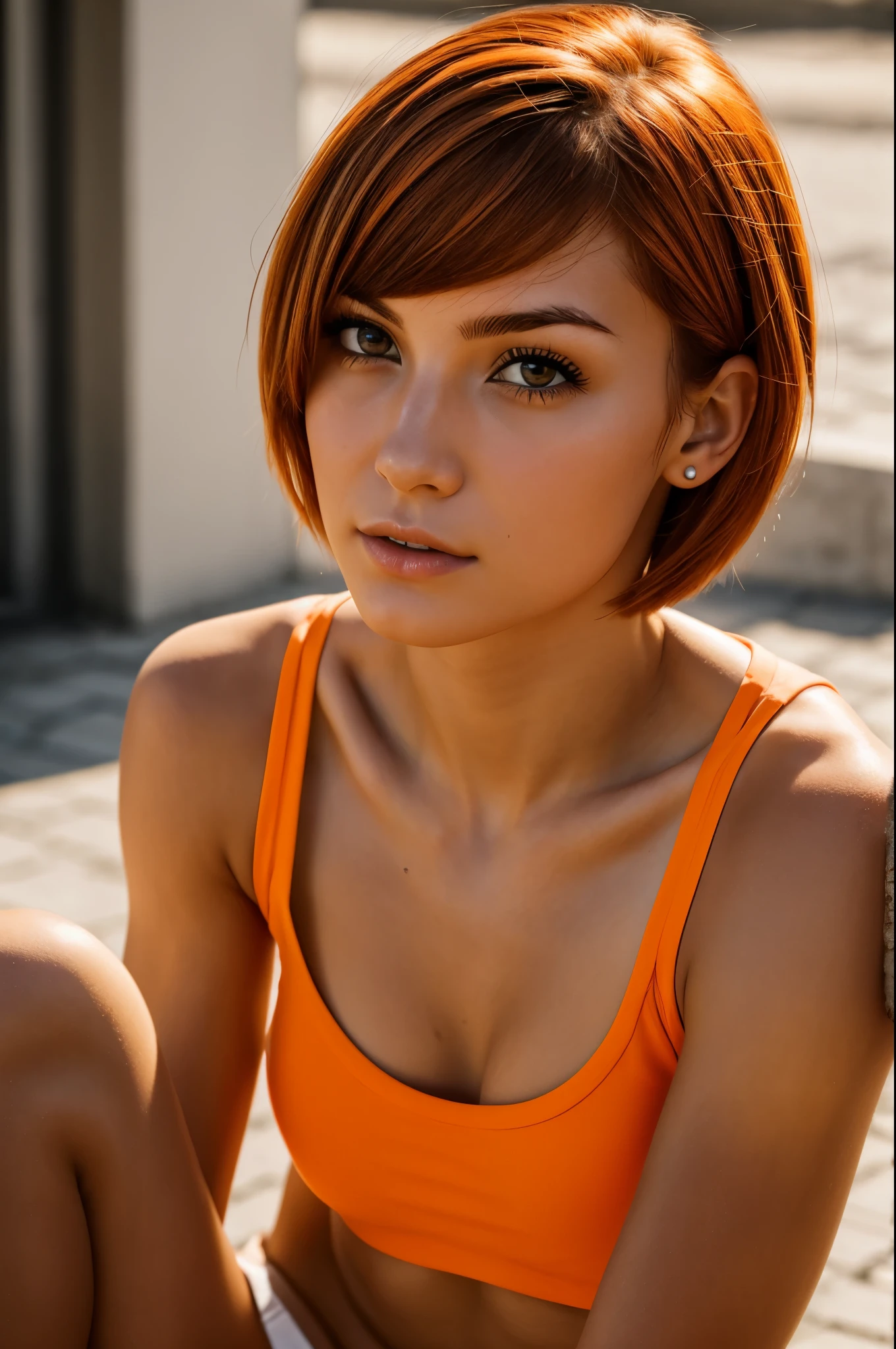 raw photo, portrait, girl, 20yo, brown eyes, orange short hair, east european style, fitness girl