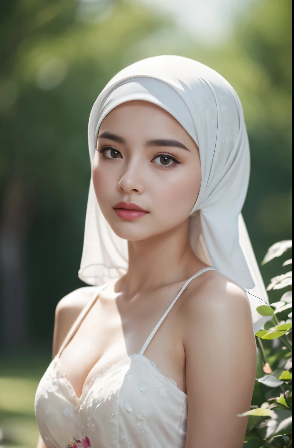 (Close-up of the painting style，Ultra HD 8K，Masterpiece grade CG wallpaper)，Cinematic lighting，cute girly，Delicate and beautiful face，Dreamy pupils，Wearing a small floral short summerdresound waist,hijabi,Bust poem,Sit，Cloudy background,the trees,florals,夏天,Chinese style buildings, cleavage, magical