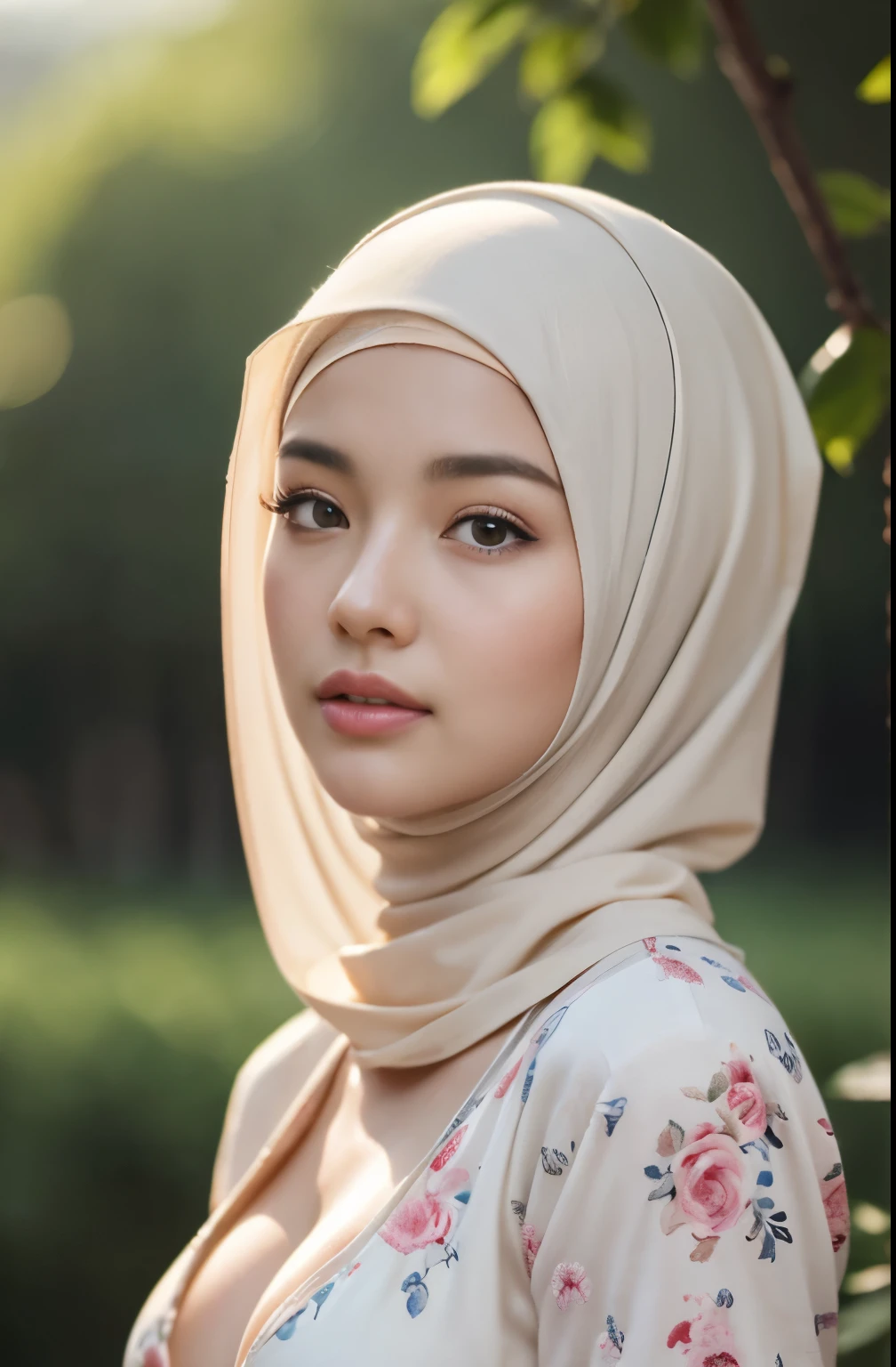 (Close-up of the painting style,Ultra HD 8K,Masterpiece grade CG wallpaper),Cinematic lighting,cute girly,Delicate and beautiful face,Dreamy pupils,Wearing a small floral short summerdresound waist,hijabi,Bust poem,Sit,Cloudy background,the trees,florals,夏天,Chinese style buildings, cleavage, magical