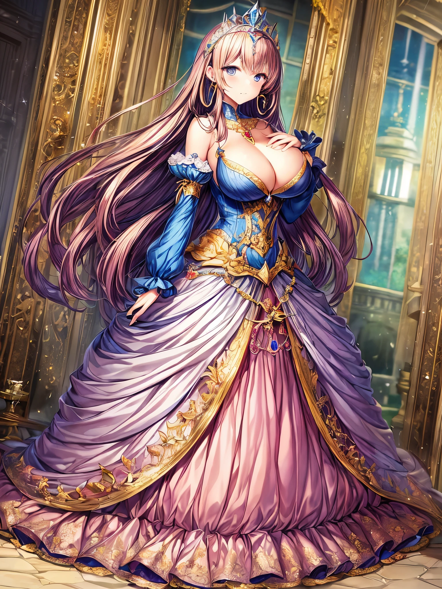 ((anime artstyle)),(Masterpiece),(Best Quality), (Super Detail),((Very Delicate and Beautiful)),(((Solo))),((full body)),(((1 princess in gorgeous princess rococo ball gown with voluminous hoop skirt))),((crinoline)),Long train,((bling-bling)),((beautiful embroidery and jeweled ball gown dress)),(gorgeousfull embroidery and lace),(gorgeous gemstone jewelry),detailed face and eyes,jewel-like eyes,((extremely voluminous straight Hair,Very Long Straight Hair)),(((gigantic boobs,cleavage))),gorgeousfull hair ornament,((gorgeousfull glitter jeweled tiara)),beautiful background,((Dynamic Angle)),Looking at viewer,((gorgeous princess rococo ball gown with voluminous hoop skirt)),(full body)