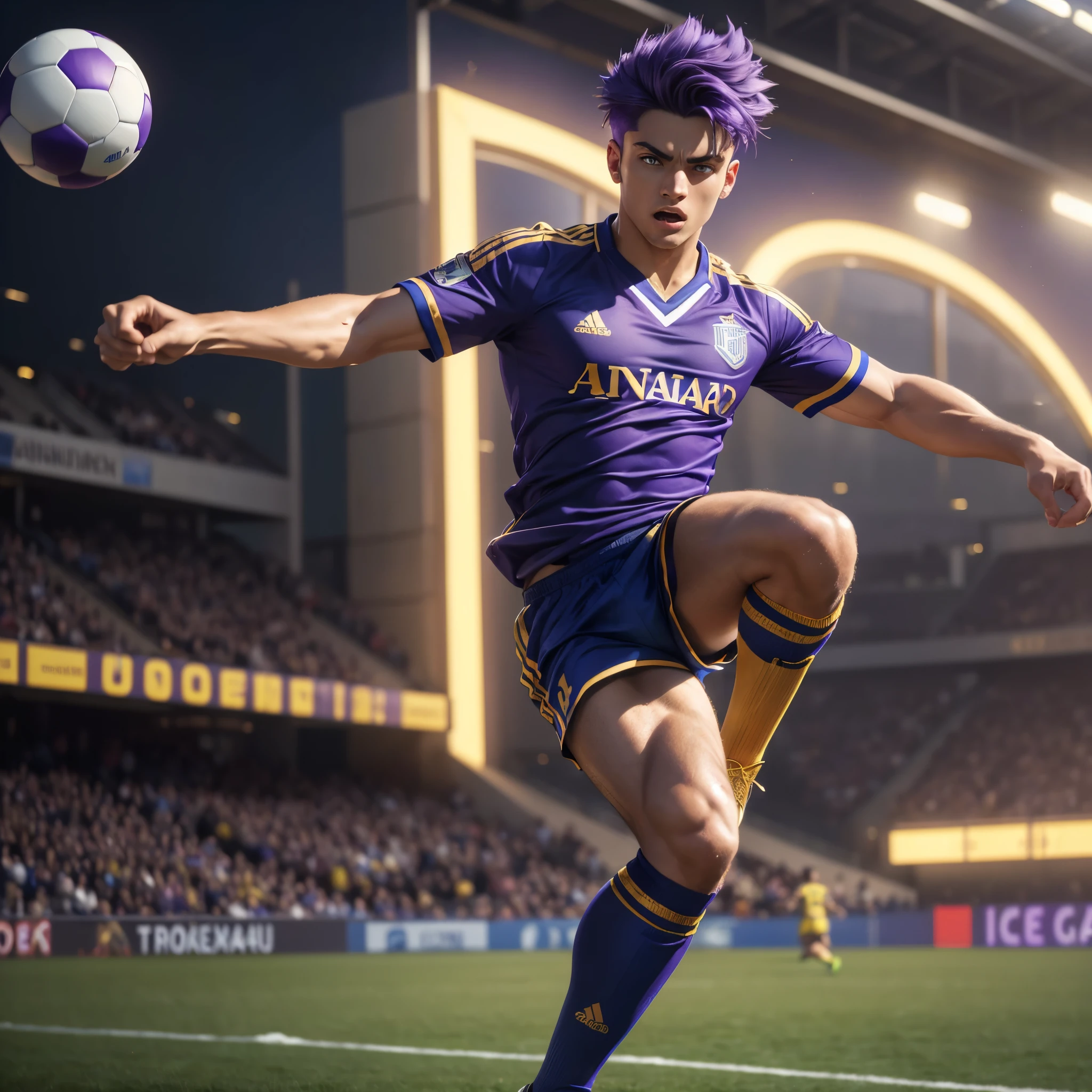 (best quality,4k,8k,highres,masterpiece:1.2),ultra-detailed, Greek god Ares as college student, wearing blue soccer uniform with gold accents, purple hair, red eyes, on soccer pitch, aggressively kicking ball, HDR, 8k, absurdres, cinestill 800, sharp focus