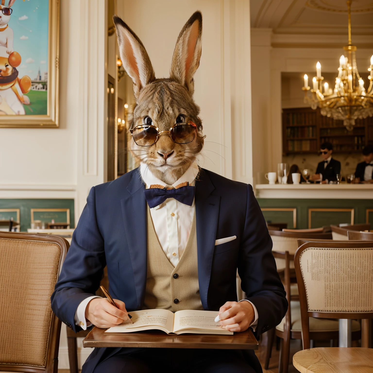 In an elegant Parisian café, a rabbit dressed in a tailored suit, bow tie and sunglasses sits at a table reading a book of poetry. The menu below shows gourmet carrot options. The surrounding chairs are occupied by other animals, each with their own unique style.