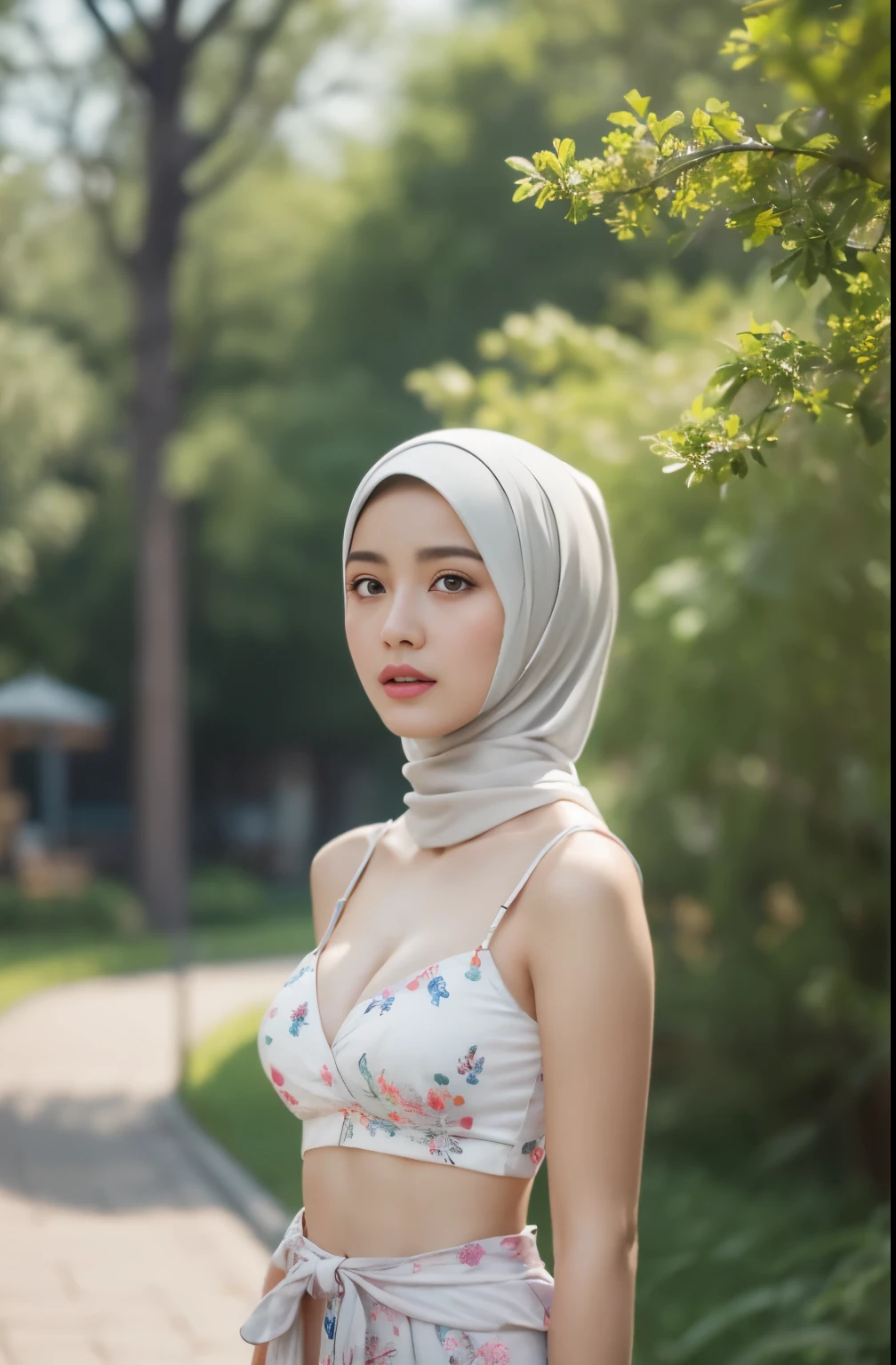 (Close-up of the painting style,Ultra HD 8K,Masterpiece grade CG wallpaper),Cinematic lighting,cute girly,Delicate and beautiful face,Dreamy pupils,Wearing a small floral short summerdresound waist,hijabi,Bust poem,Sit,Cloudy background,the trees,florals,夏天,Chinese style buildings, cleavage, magical