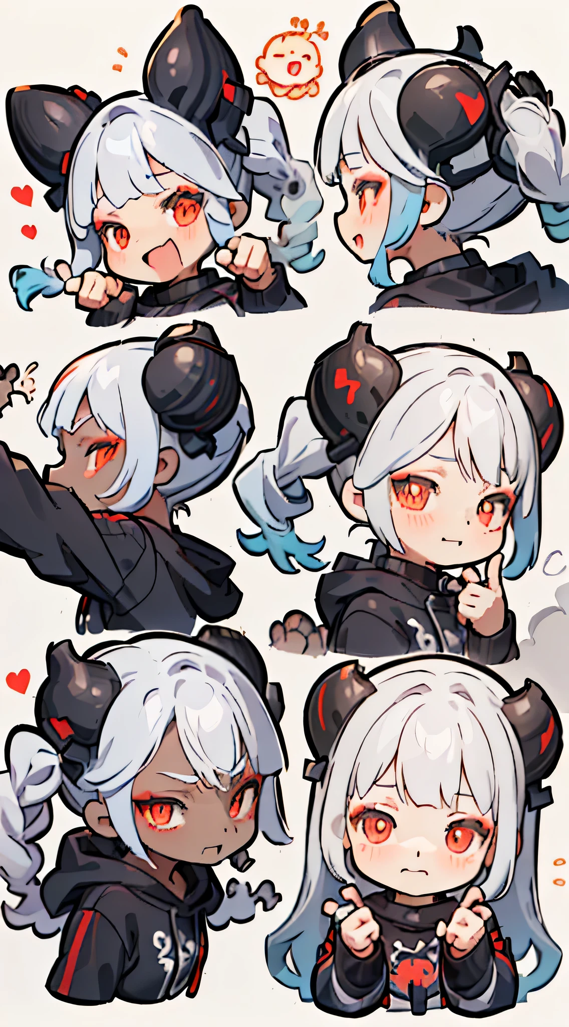 (((Max Quality)), (Character Design Sheet, Same Character, Front, Profile), Portrait from the neck up, Expression change scene, (Expression pattern, Close eyes, Bored expression, Anxious face, Serious expression, Smile, Fun) Illustration, 1 girl, white hair, oversized black hoodie, cyber daemon, loli, cyberpunk, cyber horns, red eyes ( background, white background: 1.3)