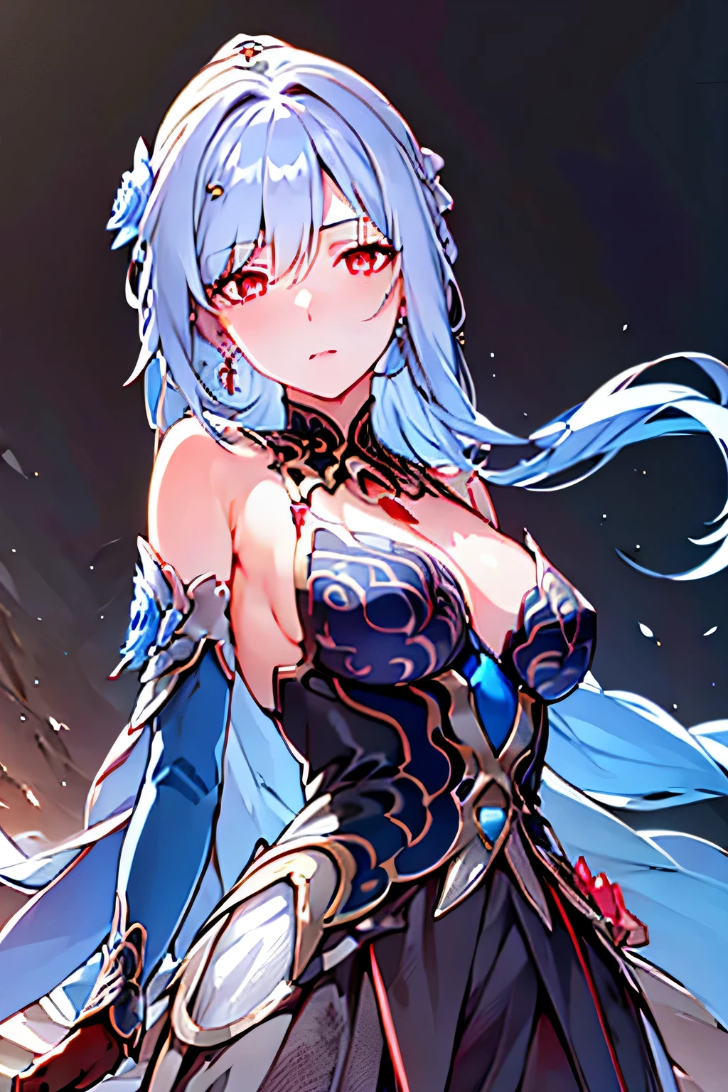 HD, beautiful lights, Beautiful Shadows, top-quality, Highly detailed, masterpiece, best quality, solo, 1girl, JingliuV5, long hair, red eyes, breasts, looking at viewer, anime-styled, expressionless, upper body, hews, standing, water, wet, ((arms_up)), ((hands overhead))